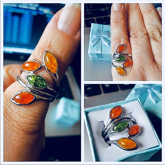 Gorgeous Silver Amber/Olive Leaf Ring - Picture 3 of 8